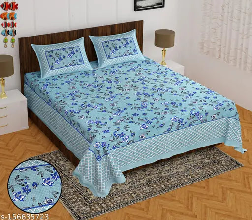 Soft floral double cotton flat sheets set (BS90X100), ideal for adult mild winter. 100% pure South Autoloom cotton, 2 pillow covers included