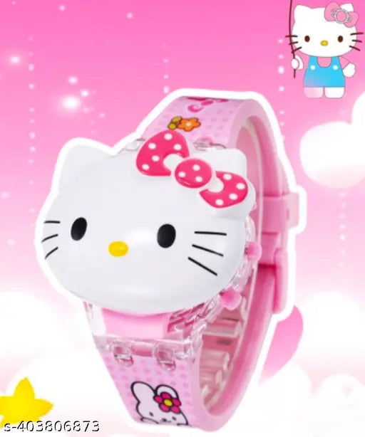 Pink Silicon Kitty Cartoon Musical Disco Light Digital Watches (2pcs) for Kids, India-made