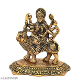 Golden metal sculpture of Goddess Durga on lion, traditional Indian showpiece for home decor during Navratri festival, measures 4.5x4x3 inches