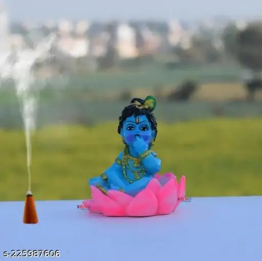 Resin Krishna baby lotus statue, Indian decoraive showpiece for car dashboard or home pooja" (104 characters)