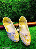 White synthetic embroidery flats, traditional appeal, comfortable fit for sizes IND-4 to IND-9. Made in India with quality assurance