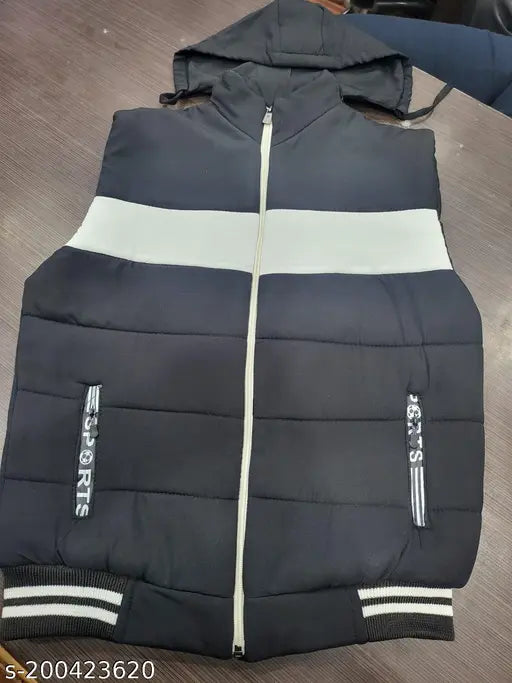 Polyester sleeveless unisex winter jacket with cap, two color shades for girls and boys aged 10-16. Made in India
