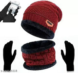 Winter season combo: Embellished wool beanie, scarf, and touchable gloves for boys and girls on snowy day
