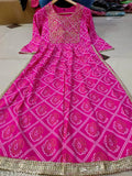 Viscose rayon Nyra cut zari embroidery kurta, printed bandhani pattern with three-quarter sleeves and gota accents, Indian traditional clothing for women