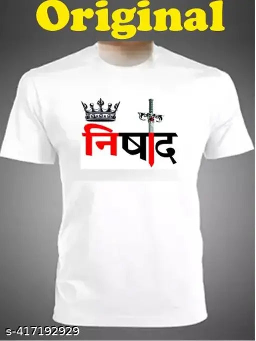 Lycra short-sleeve printed net t-shirt by Nishad, white round neck design, India origin