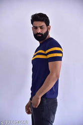 Striped cotton blend t-shirt for men, short sleeves, India origin