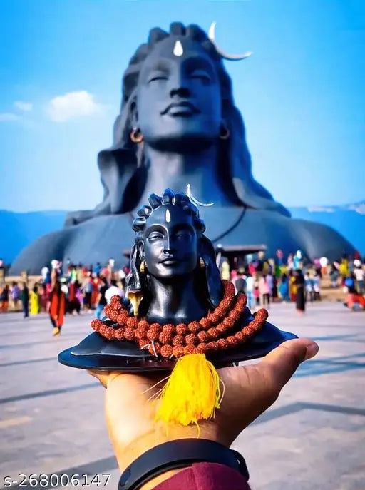 Rudraksha Mala with Adiyogi Ji statue for car dashboard, Indian religious idol decor
