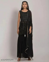 Heavy sequins embroidered georgette top with sharara set & matching dupatta, black, mahendi, petrol, rust colors on display