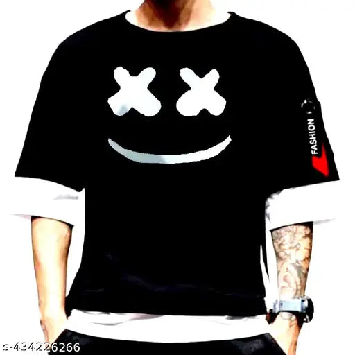 Stylish cotton-blend round neck men's t-shirt, three-quarter sleeves, printed design. (S: 36in/26in | M: 38in/27in | L: 40in/28in | XL: 42in/29in | XXL: 44in/30in) India-made casual wear