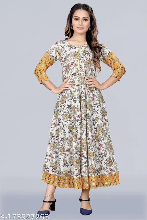 Cotton blend, three-quarter sleeve, foil printed winter kurti with patchwork design - India
