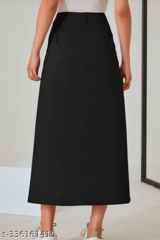 Black denim A-line maxi skirt, lightweight & breathable, ideal for all seasons and body types. Made with durable materials for home washability. Denim skirt for women, size 26-46
