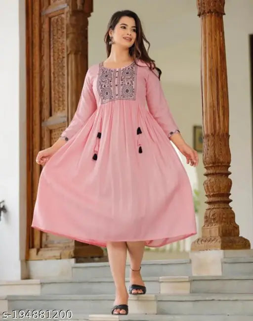 Rayon multi pink kurti, three-quarter sleeves, solid combo. Size S - 5XL, India origin