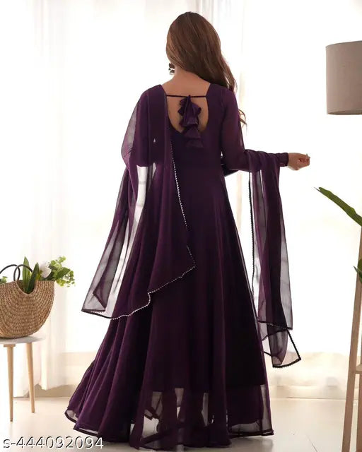Georgette Anarkali Gown set in purple with matching dupatta - Traditional yet trendy Indian festival wear