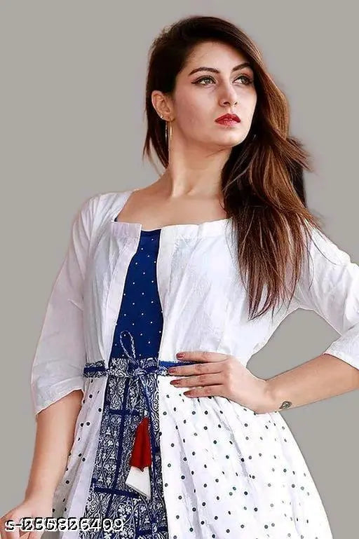 Royal blue printed Anarkali kurti with white dot koti, rayon fabric, three-quarter sleeves. Indian fashion wear on model