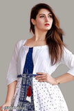 Royal blue printed Anarkali kurti with white dot koti, rayon fabric, three-quarter sleeves. Indian fashion wear on model