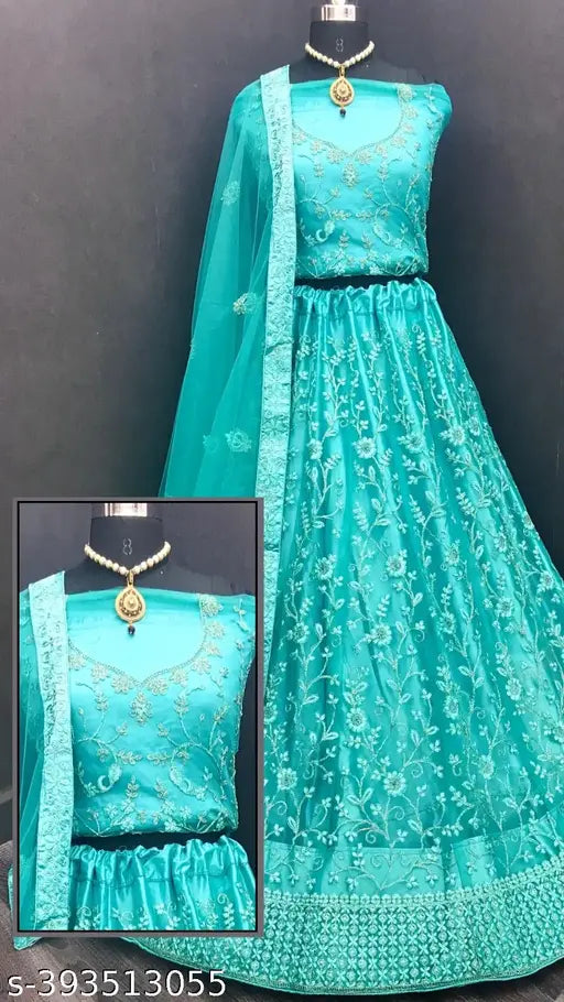 Sea Green Elegance Lehenga Choli Set with Dupatta and Blouse - Embroidered net fabric, free size, suitable for bridal wear or parties
