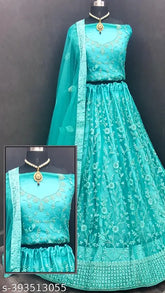 Sea Green Elegance Lehenga Choli Set with Dupatta and Blouse - Embroidered net fabric, free size, suitable for bridal wear or parties