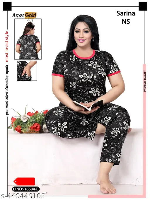 Ivanyas printed net pyjama nightsuit set in short sleeves, India-made loungewear for L, XL, and free size
