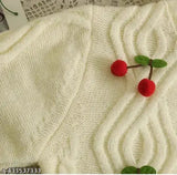 Cream wool self-design cropped cardigan with cherry detail, imported winter fashion accessory