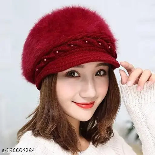 Maroon wool beanie cap (India), embellished with rabbit fur and knitting cotton, suitable for women & girls, stretchy visor design for comfort in cold weather