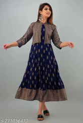 Blue rayon three-quarter sleeve printed combo dress, Indian party wear for college girls