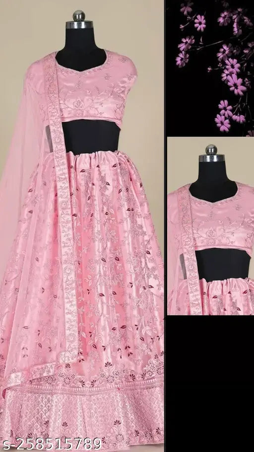 Stunning pink embroidered net Lehenga Choli set, 2.5m dupatta and semi-stitched blouse - Indian party wear for women