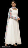 White Georgette kurti set with dupatta, pastel shades, full sleeves - India-made