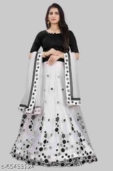 Indian semi-stitched net lehenga set, solid choli and embellished dupatta with lace detail, size 40 x 48 inches