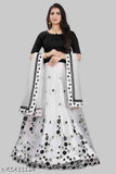 Indian semi-stitched net lehenga set, solid choli and embellished dupatta with lace detail, size 40 x 48 inches