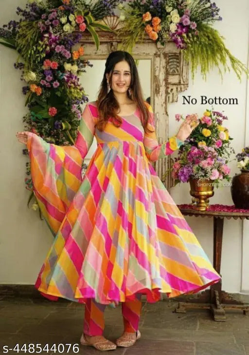 Indian Multi-Colored Georgette Gown with Red Heart Print - Fashionable, Romantic, Special Occasion