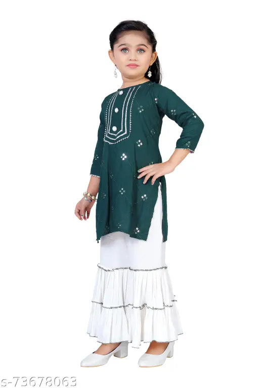 Cotton blend embroidered kurta & sharara set for girls (3-4 years), Indian-made, high quality fabric and gota lace detailing