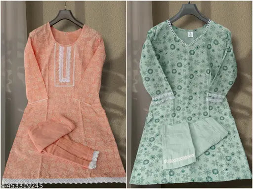 Stylish cotton blend printed kurti pants set combo for women, featuring a dupatta and bottomwear. Indian fashion on display