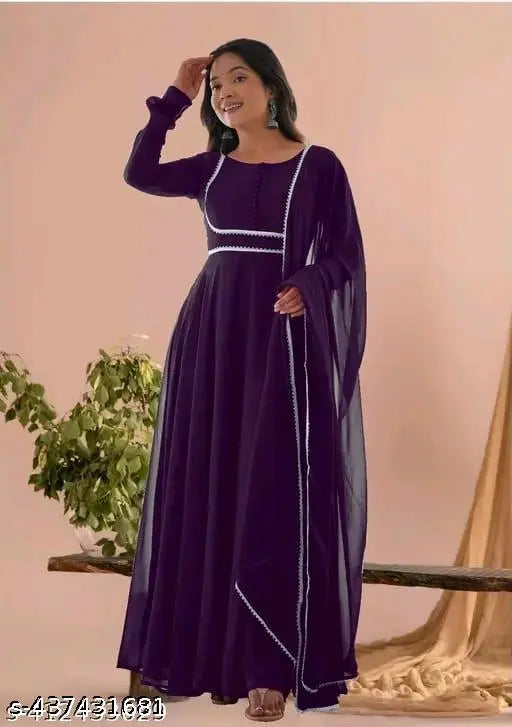 Wine Georgette Kurti with Stitched Net Dupatta, Indian traditional eveningwear in solid color