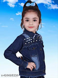 Dark denim moti jacket for kids, solid pattern, long sleeves, sizes: 5-6 years, 6-7 years, 7-8 years, 8-9 years, 9-10 years, 10-11 years. Indian handcrafted children's clothing