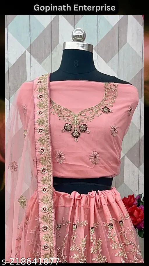 Pink net Lehenga Choli Set with Dupatta and Blouse, embroidered, from Gopinath Enterprise. Traditional Indian bridal partywear for free size (43 in waist, 45 in length)