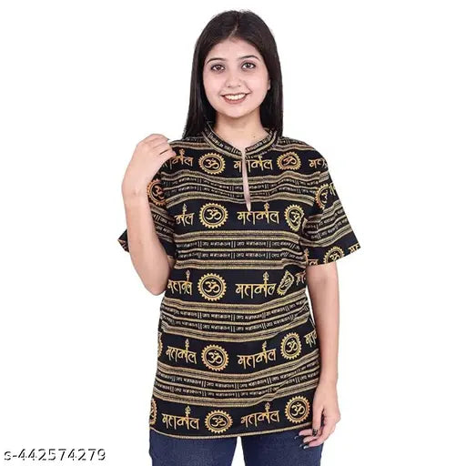 Cotton printed net Mahakal Kurta for women, showcasing intricate design, M size measuring 25 inches long