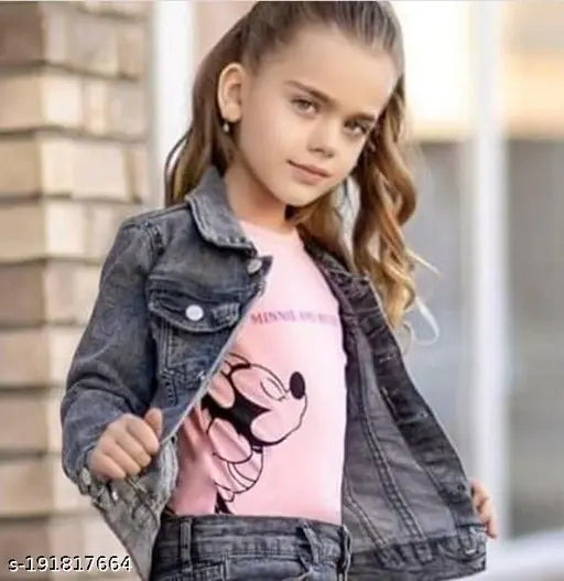 Denim girls' black washed jacket with long sleeves, dyed for 4-8 years old