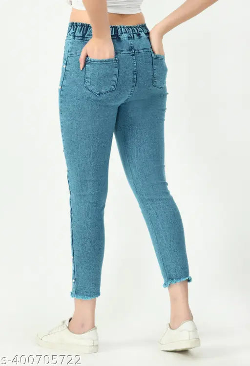 Stretchable Premium Denim Side Pearl Blue Baggy Jogger Jeans for Plus Size Women, Mid-rise and Slim Fit - 100% Indian Manufacturer