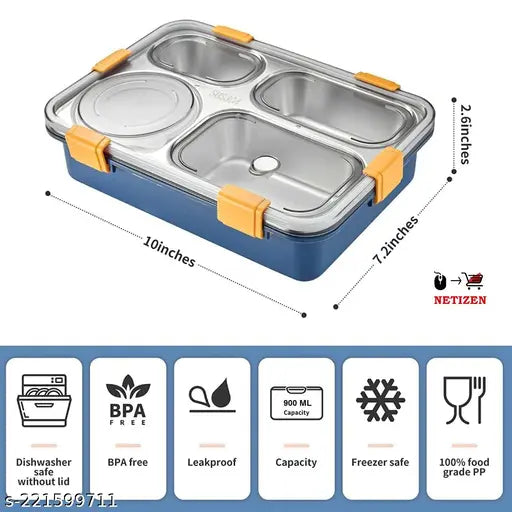 Multicolor stainless steel leak-proof lunch box with 4 compartments, microoven safe for convenient meal prep