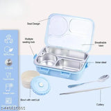 Blue stainless steel bento box with 3 compartments, leak-proof, insulated, includes utensils, compact design, ideal for kids, adults, lunch, eco-friendly