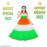 Three-color net frock, tri-color dress for Independence Day, tricolor frock for girls, tiranga wali frock on display, Indian flag motif dress