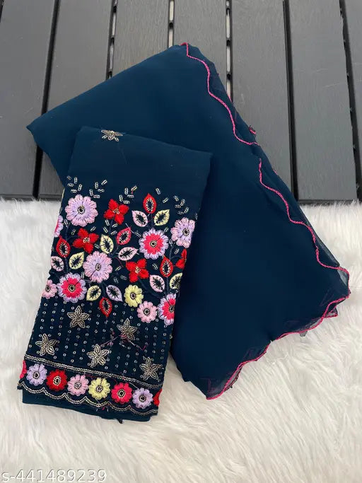 Pink Georgette saree with floral embroidery thread blouse, Indian traditional wear