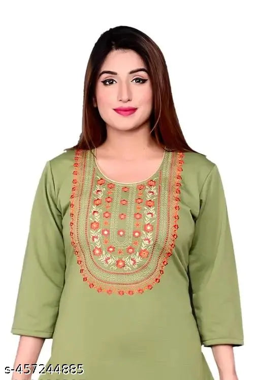 Woolen three-quarter sleeve winter kurti, solid color, India-origin women's embroidered kurti for party wear