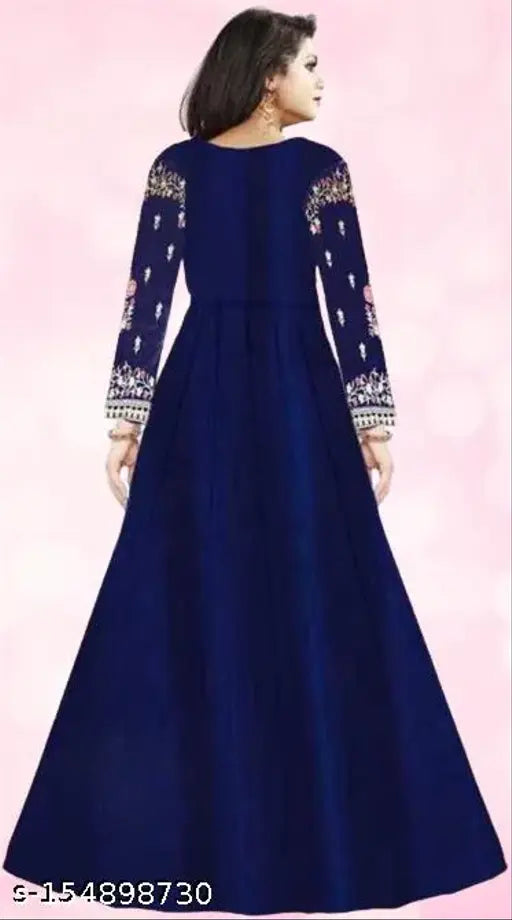 Manohari blue embroidered gown, long sleeves, Indian bridal wear on mannequin