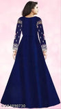 Manohari blue embroidered gown, long sleeves, Indian bridal wear on mannequin