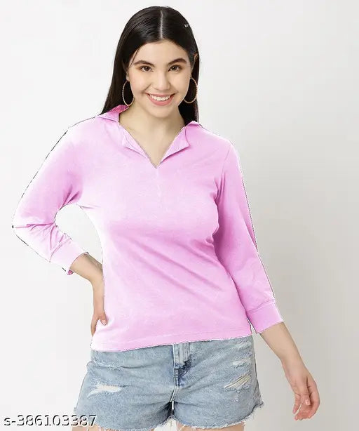 Women's black cotton three-quarter sleeve solid T-shirt, elegant Peter Pan collar design, comfortable fit, soft cotton lycra blend, India origin