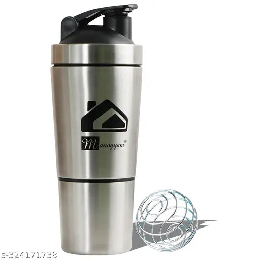 Silver stainless steel MANOGYAM protein shaker water bottle, 0.5L capacity, leak-proof design with double-layer snap and portable handle