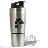 Silver stainless steel MANOGYAM protein shaker water bottle, 0.5L capacity, leak-proof design with double-layer snap and portable handle