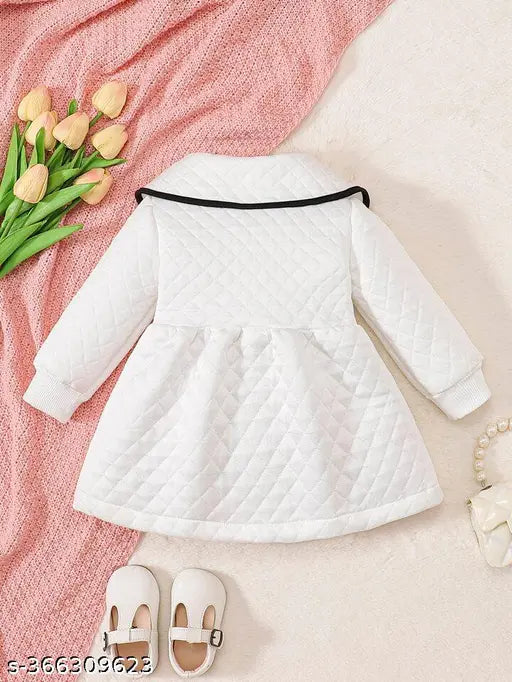 White polycotton quilted winter jacket/coat for baby girls, embellished net pattern with contrast binding bow and ruffle neck. Winter season special coat for 4-5 year olds. Made in India