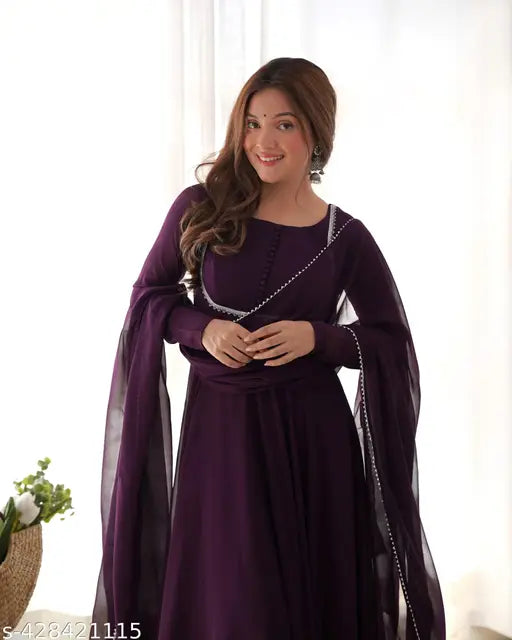 Georgette Anarkali Gown Set in Soft Fox, micro cotton inner and pent. Solid-colored, flair design with lace work dupatta. Indian made, ready to wear in sizes S-XXL